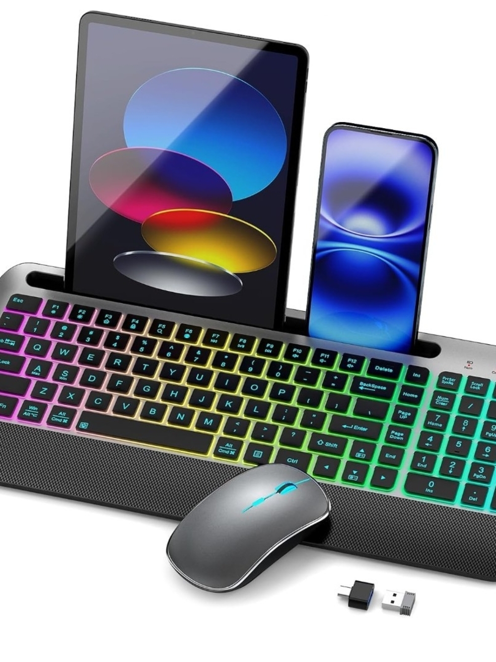 JOYACCESS RGB Wireless Keyboard Mouse Combo Silent Rechargeable USB-C Gray